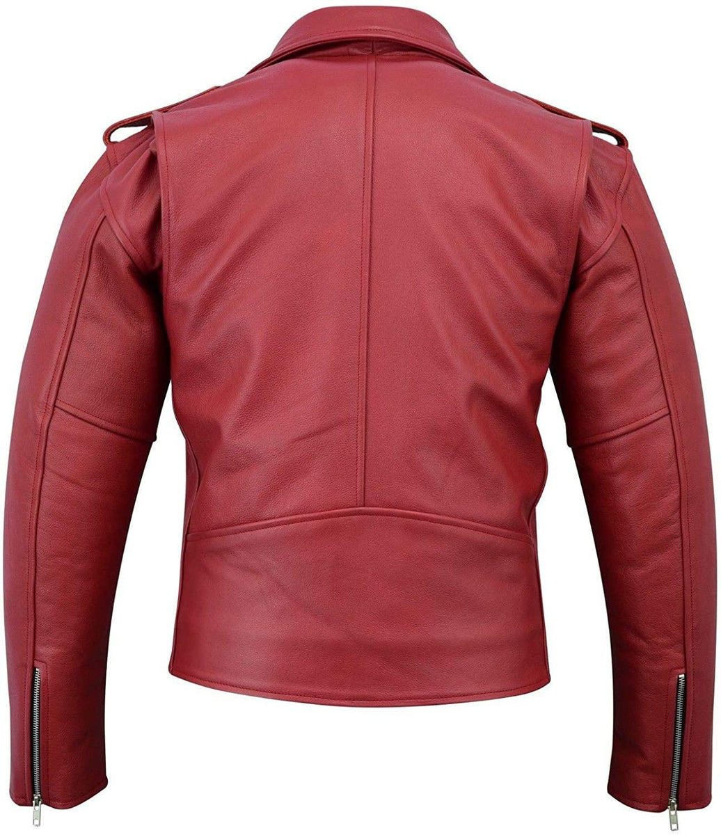 Warrior PREMIUM Mens RED Genuine Cowhide Top Quality Brando Perfecto Leather outlet Jacket -----S To 12XL Size Available------Leather Jacket