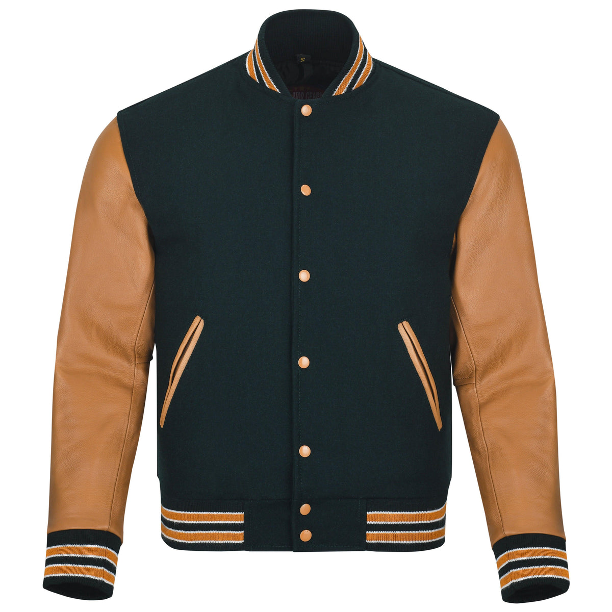 Men's Varsity Letterman Bomber Jacket - Green Wool Body, Genuine Black Leather Sleeves, Snap Front