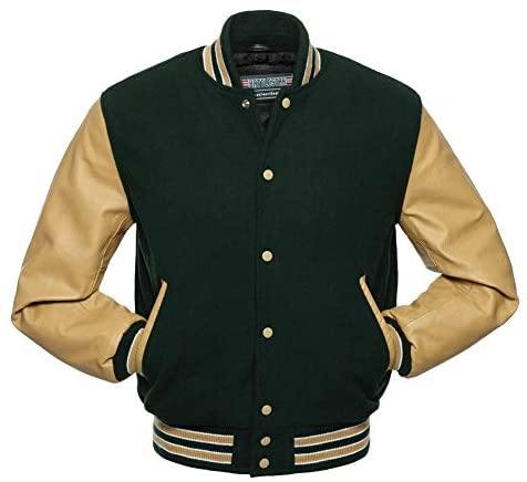 Green Wool Body with Black Leather Sleeves Varsity Jacket