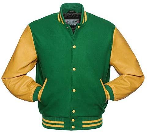 Varsity Jacket Letterman Baseball College Jacket Fashion Green Wool Body  And Gold Leather Sleeves Jackets (XS, Green / Gold) at  Men's  Clothing store