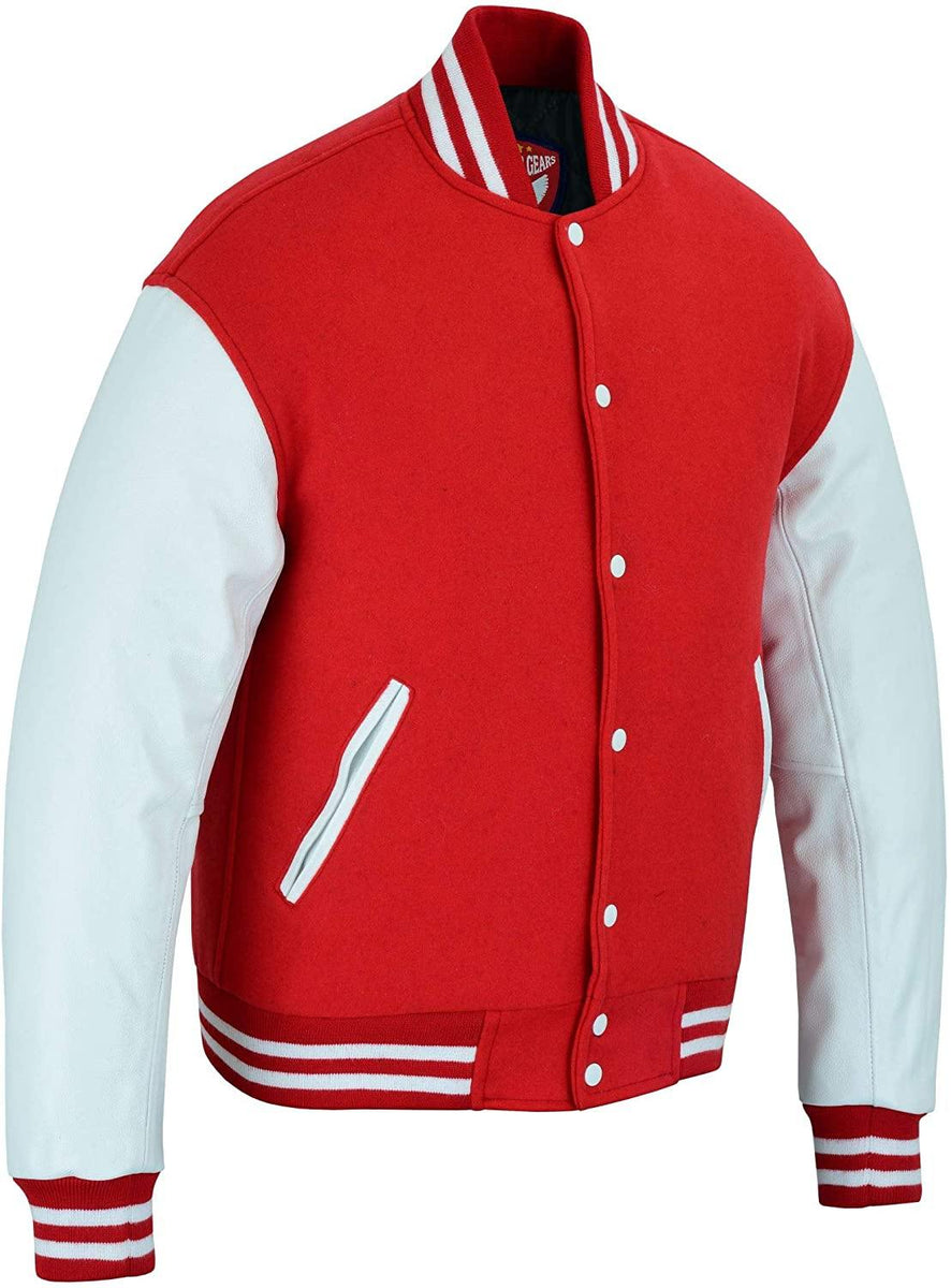 New Men's Premium Classic Snap Button Vintage Baseball Letterman Varsity  Jacket (Red White,3XL)