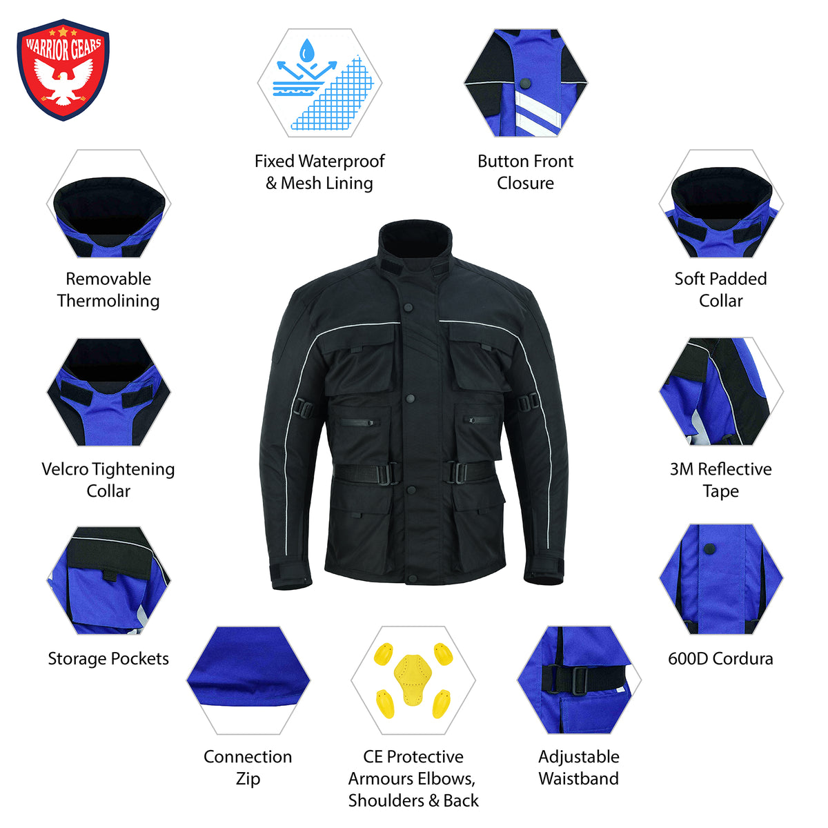 Warrior Gears 6 Pockets Mens Motorcycle Jacket, Textile Racing Motorbi