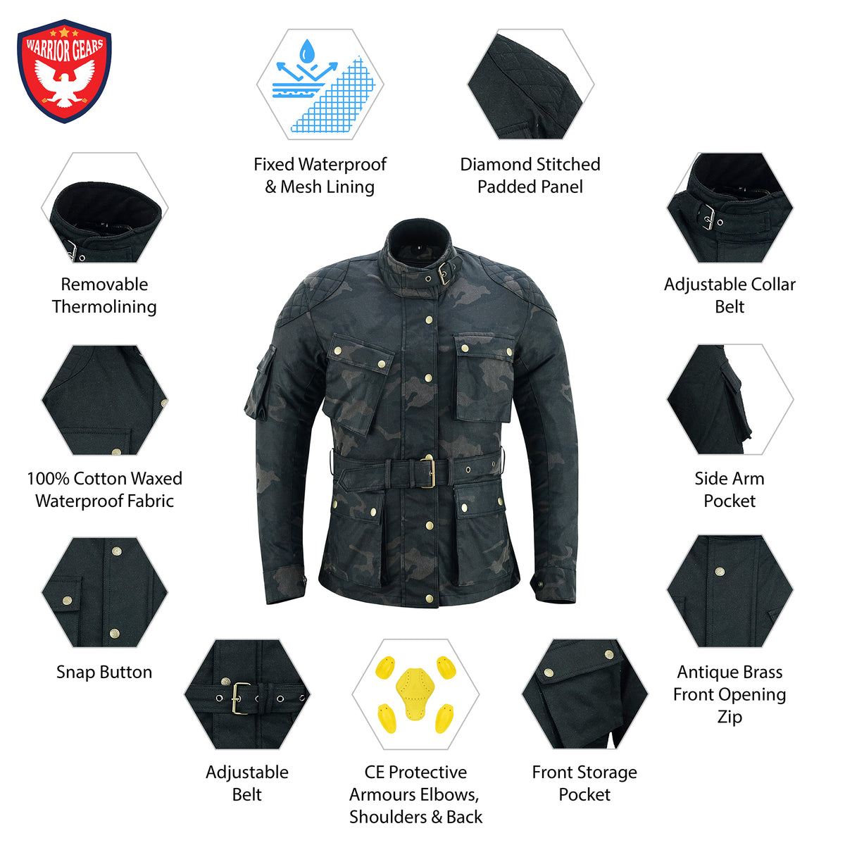 Warrior Gears® Mens Waxed Cotton Motorcycle Jacket Wax Motorbike Jackets