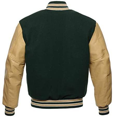 Spine Spark Forest Green Wool Varsity Jacket White Leather Sleeves
